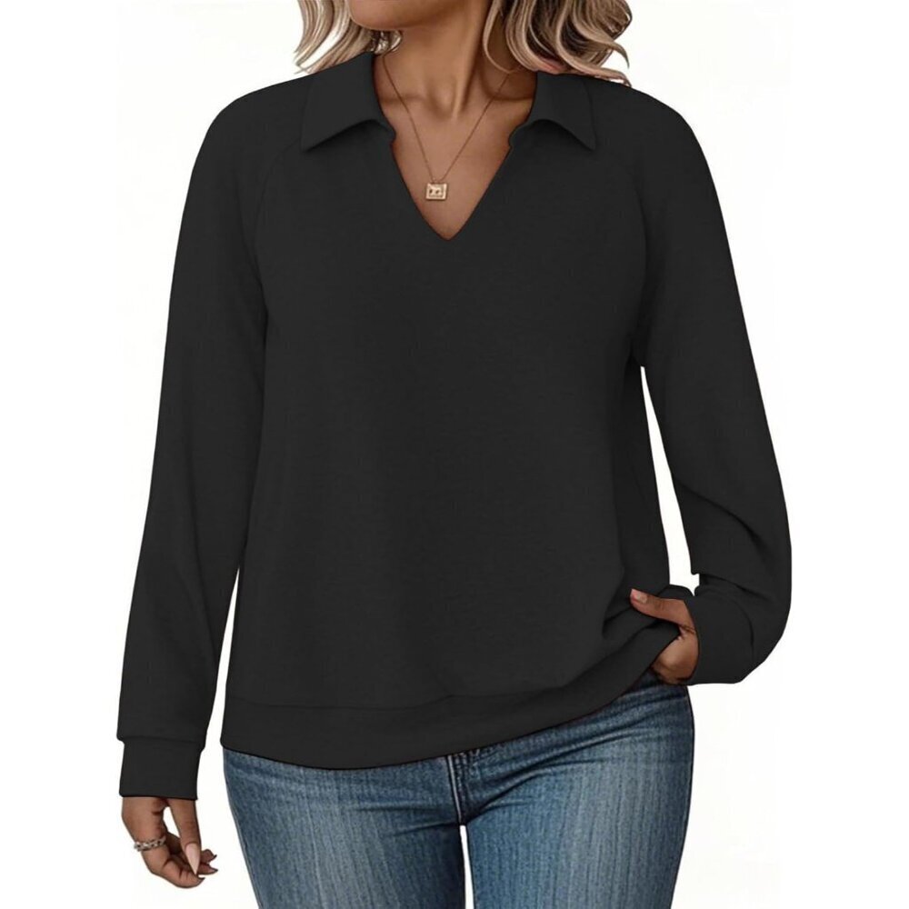 Plus Size Sweater Womens Rayon Blend V Neck Polo Long Sleeve Casual Tops